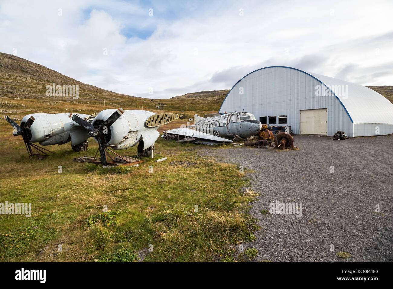 Old airplanes on west fjords, Iceland Stock Photo