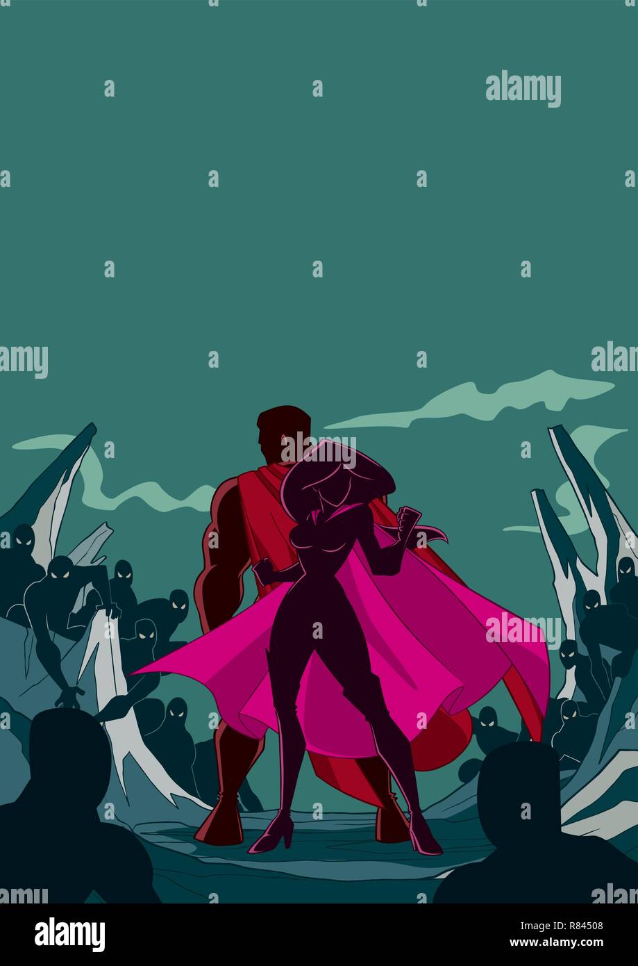 Superhero Couple Back to Back Silhouette Stock Vector