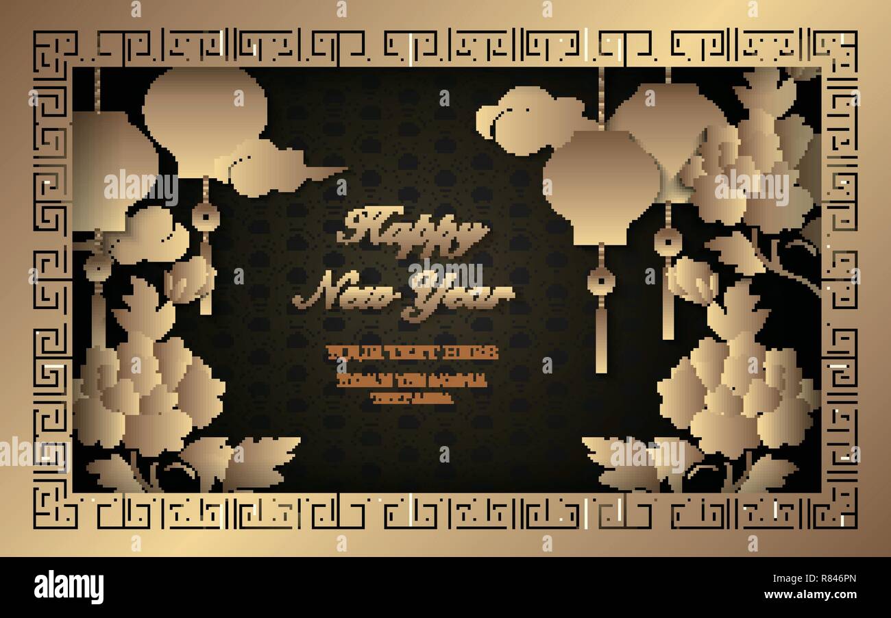 Happy Chinese new year retro gold relief lantern peony flower cloud and ...