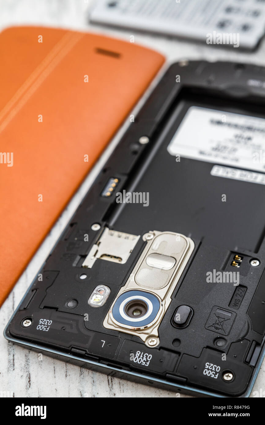 ESKISEHIR, TURKEY - MAY 31, 2015:  Rear view of LG G4 with a protective back cover open Stock Photo