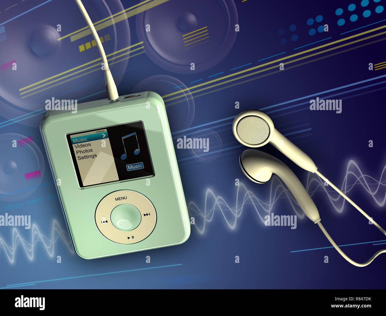 Mp3 player and earphones on hightech background. Digital illustration
