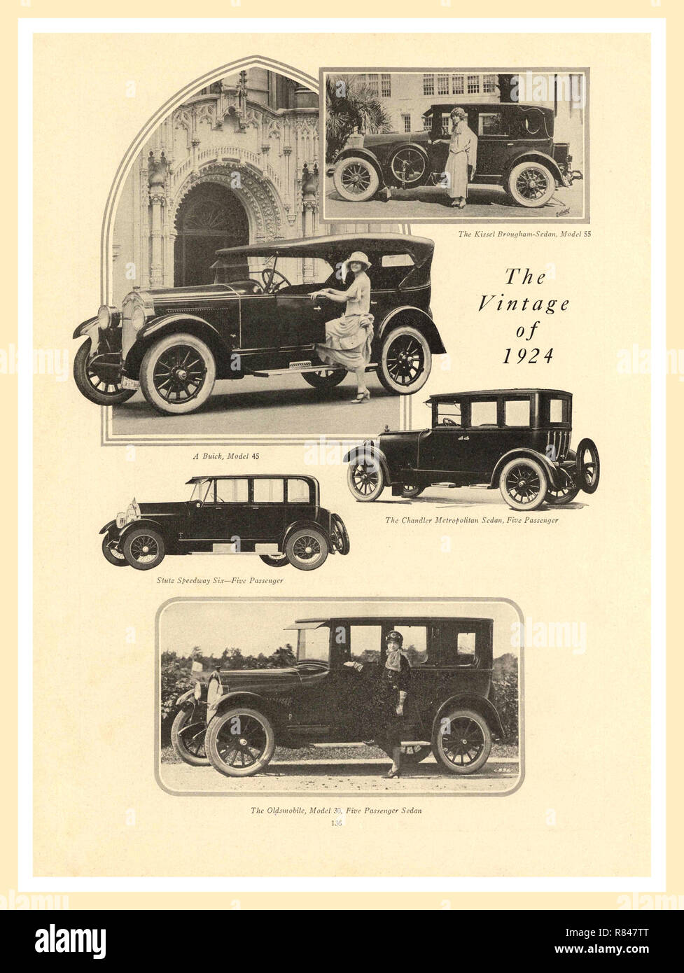 1924 vintage press advertisement for a selection of five of the best American Automobiles for sale The Kissel Brougham Sedan Model 55/ Buick Model 45/The Chandler Metropolitan Sedan 5 Passenger/Stutz Speedway 6 5 passenger/The Oldsmobile Model 30 5 Passenger Sedan Stock Photo