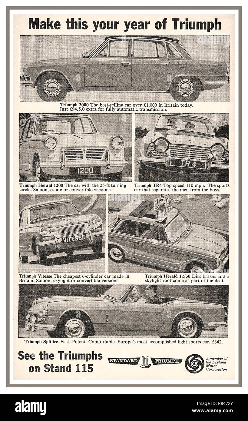 1964 Earls Court Motor Show press advertisement for the British Leyland Triumph Standard Motorcar range: Triumph 2000/ Triumph Herald 1200/ Triumph TR4/ Triumph Vitesse/ Triumph Herald/ Triumph Spitfire Stock Photo