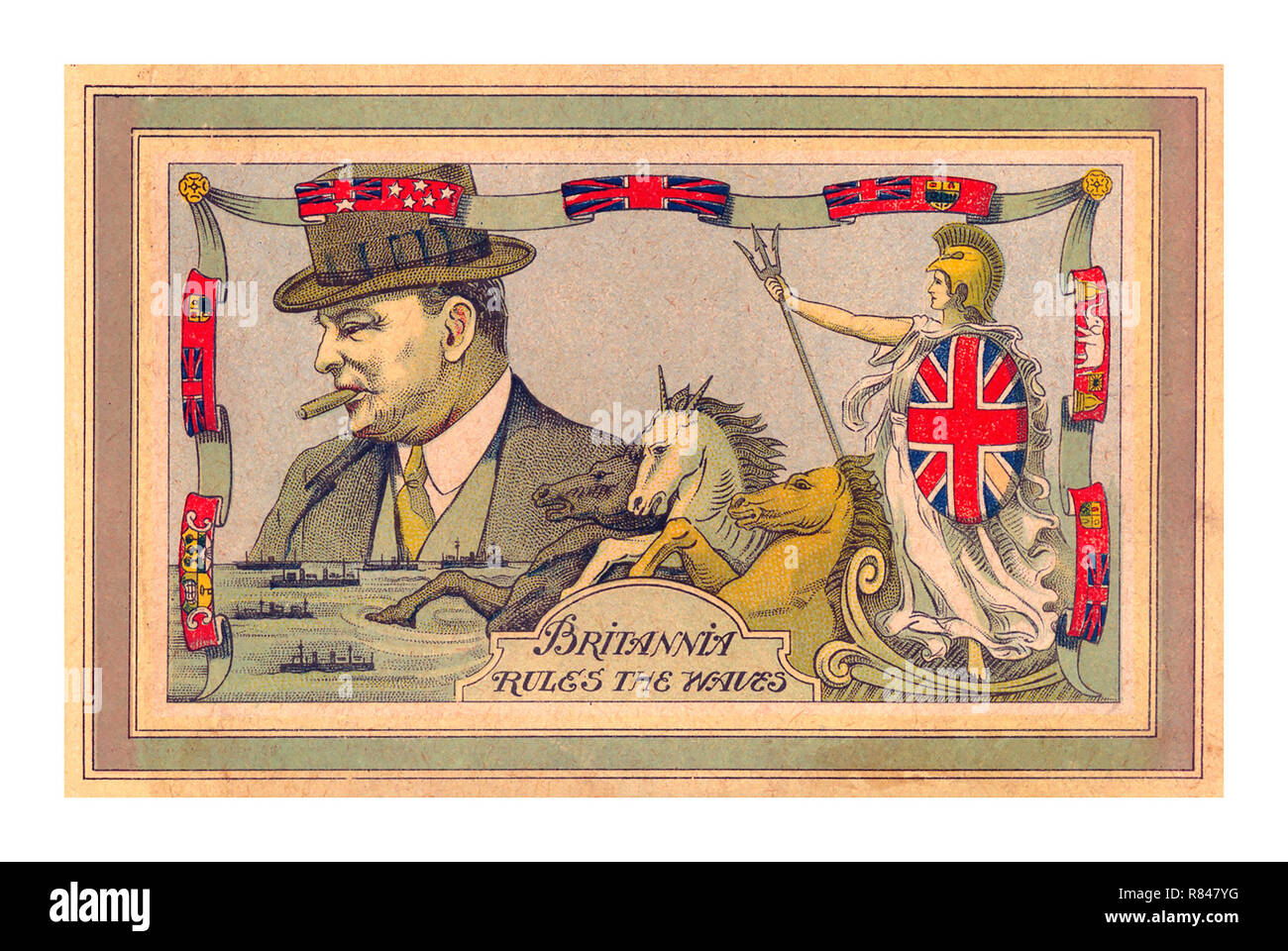 WW2 Vintage Propaganda Postcard 1944, anti-German propaganda 1944, France with Prime Minister Winston Churchill and Bodacea with Union Jack Flag Shield  'Brittania Rules The Waves' Stock Photo