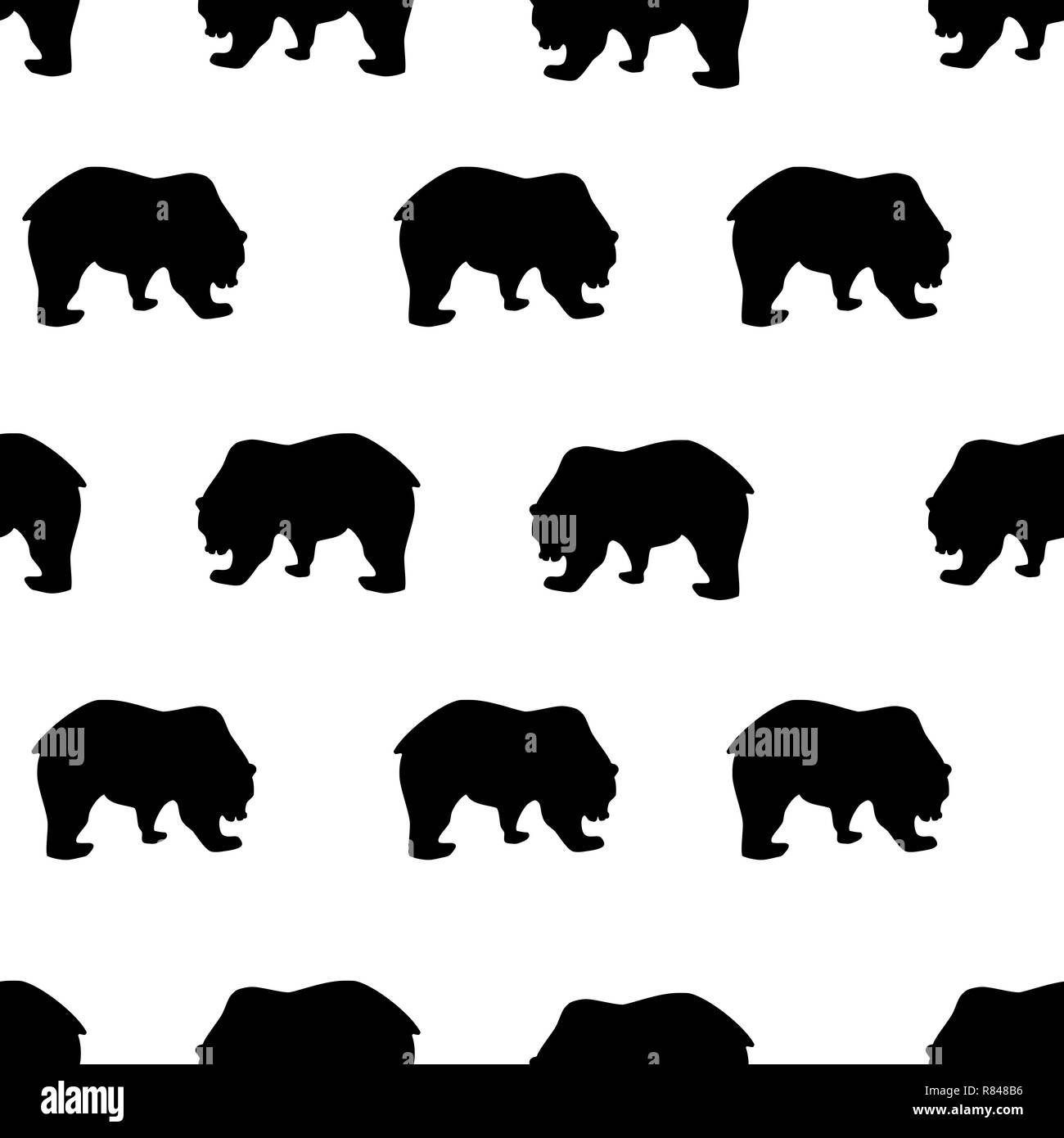 Seamless pattern black bear silhouette on white background, vintage style. Wild animals simple cute kids print, drawing texture for fabric clothes Stock Photo