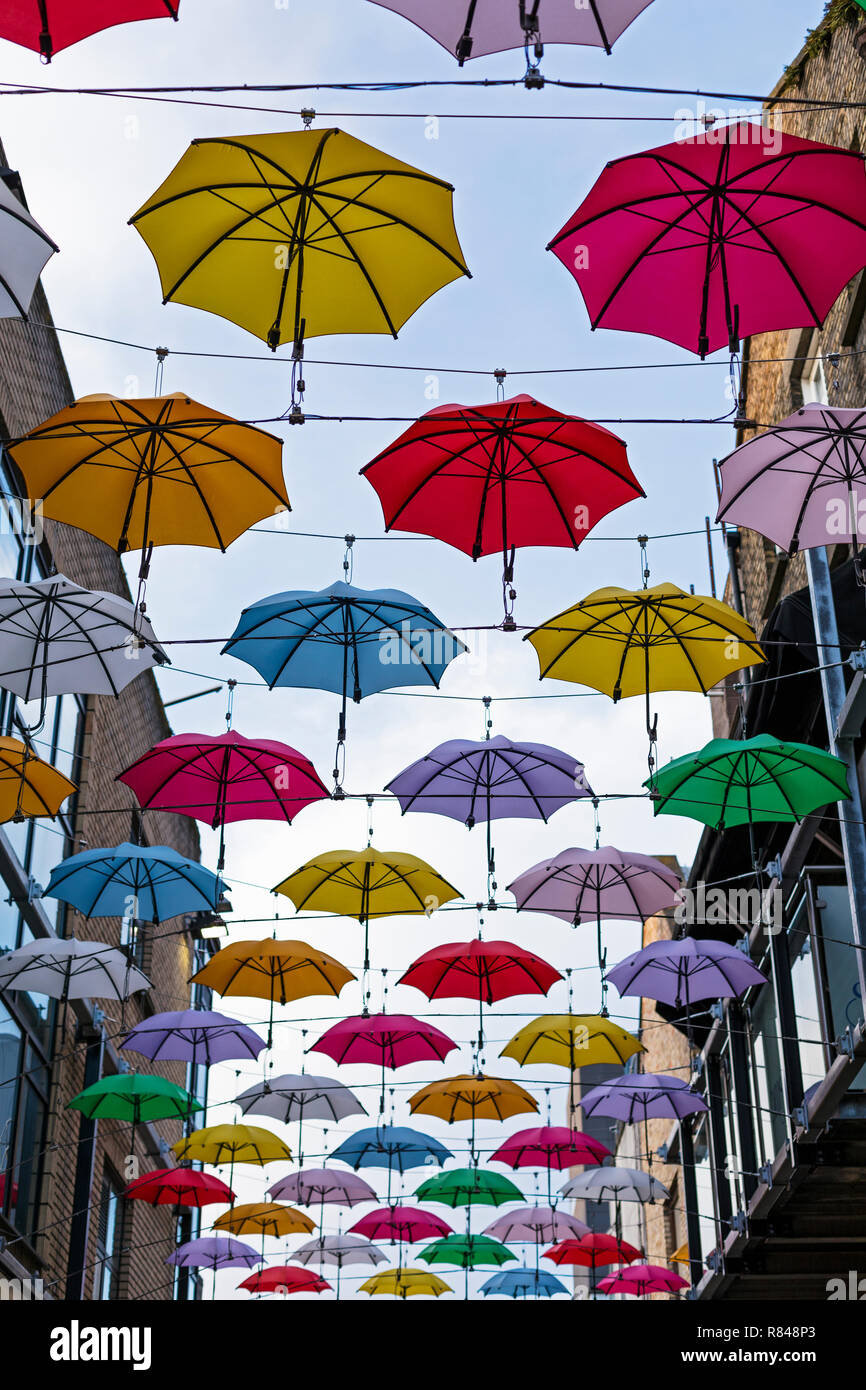 Ireland,Dublin, large group of umbrellas hanging over a street as art installation Stock Photo