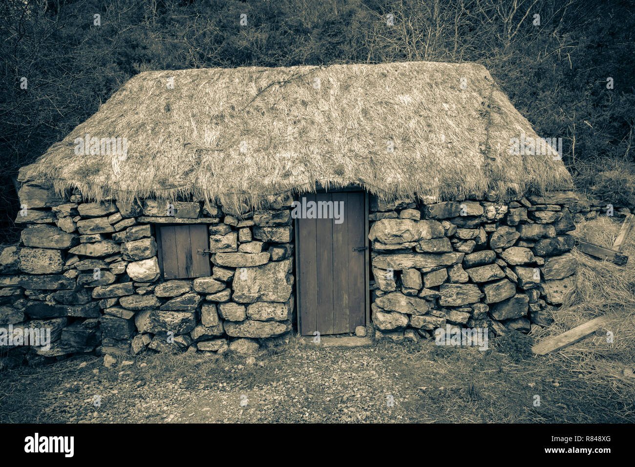 Ireland,Connemara Heritage Centre, restored prefamine cottage of Dan O' Hara who was forced to emigrate in the 1840's when he was evicted from his hom Stock Photo