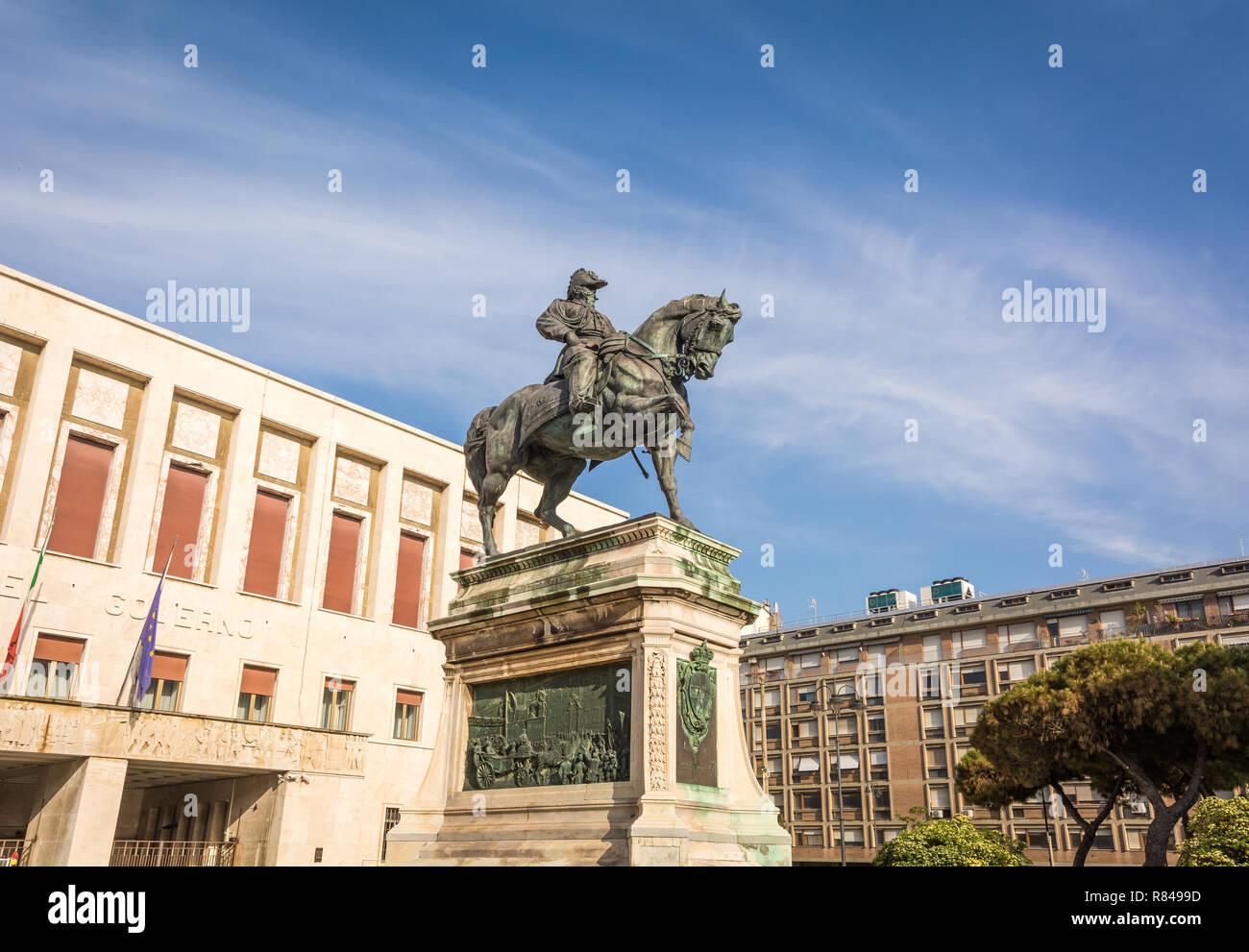 Equestrian statue of Vittorio Emanuele II by Augusto Rivalta in the square of Livorno city, Tuscany, Italy Stock Photo