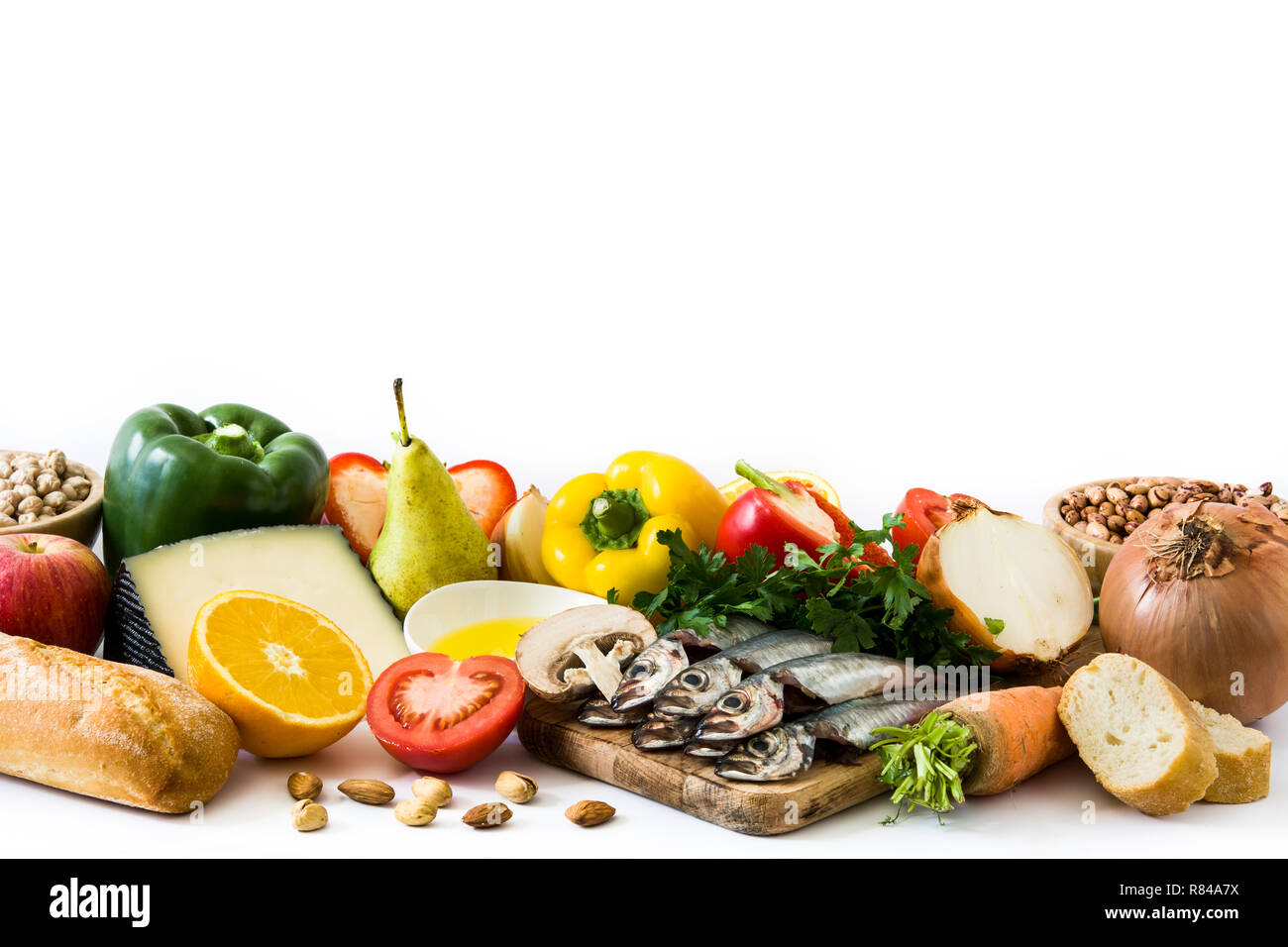 Healthy eating. Mediterranean diet. Fruit,vegetables, grain, nuts olive