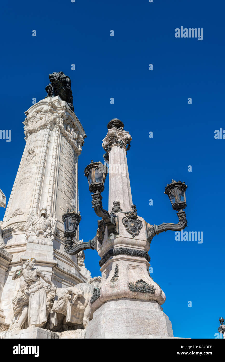 Detail of the The Marquess of Pombal Square a roundabout in the city of Lisbon with the monument to Sebastião José de Carvalho e Melo. Stock Photo