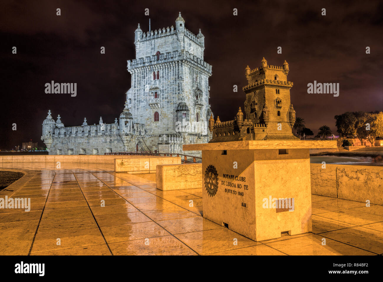 view of the illuminated Torre de Belem in Lisbon at night Stock Photo