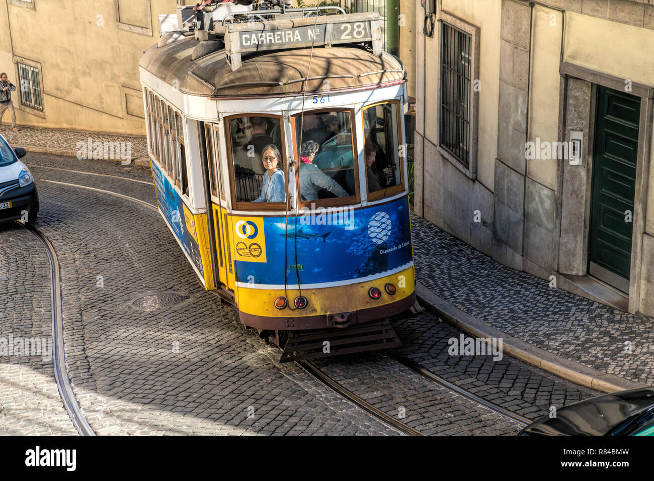 Street view with famous retro tourist tram in the old town of Lisbon city, Portugal Stock Photo