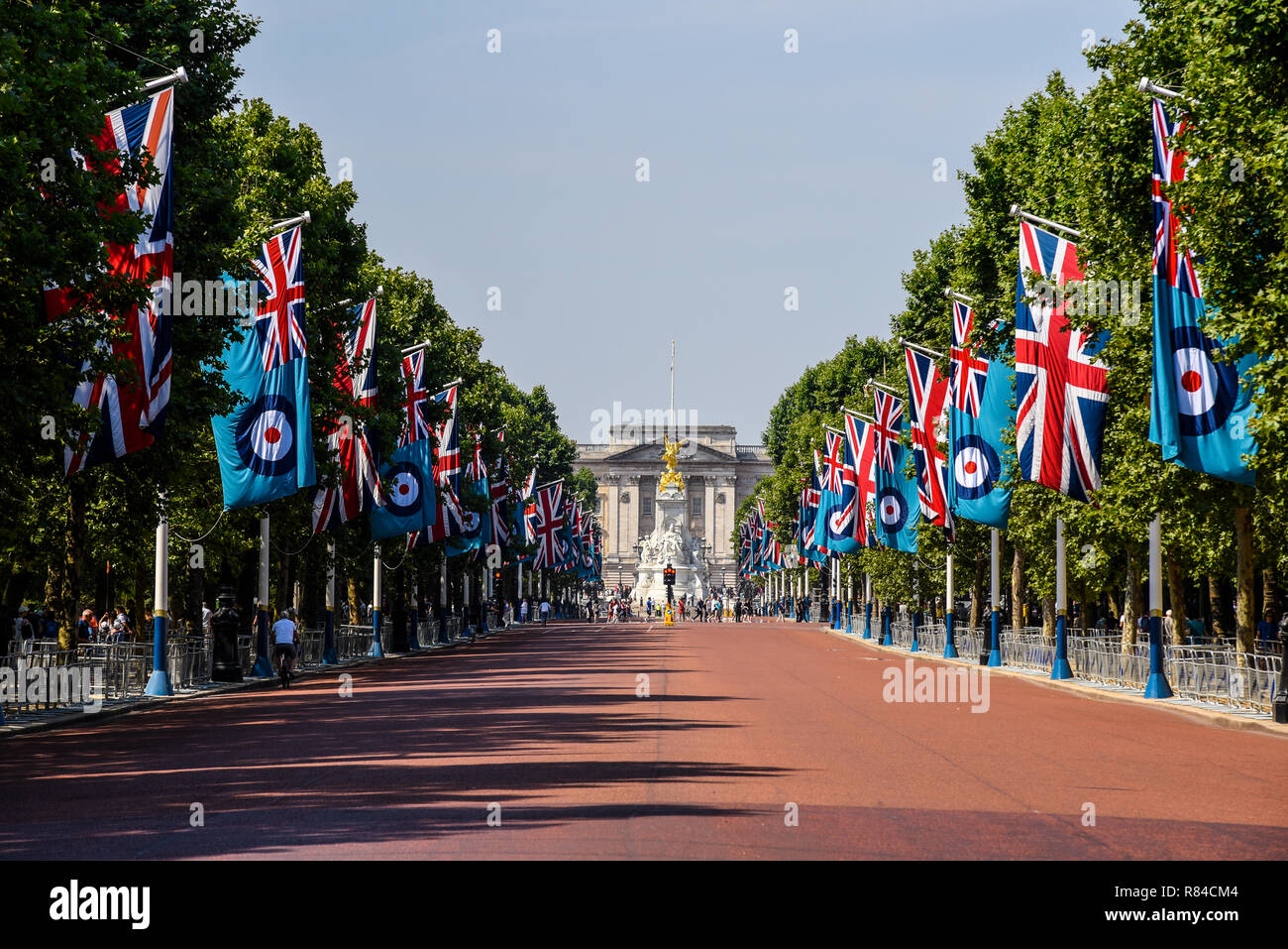 The Mall looking towards Buckingham Palace lined with Royal Air Force ensign flags and union jack flags to celebrate the centenary of the RAF Stock Photo