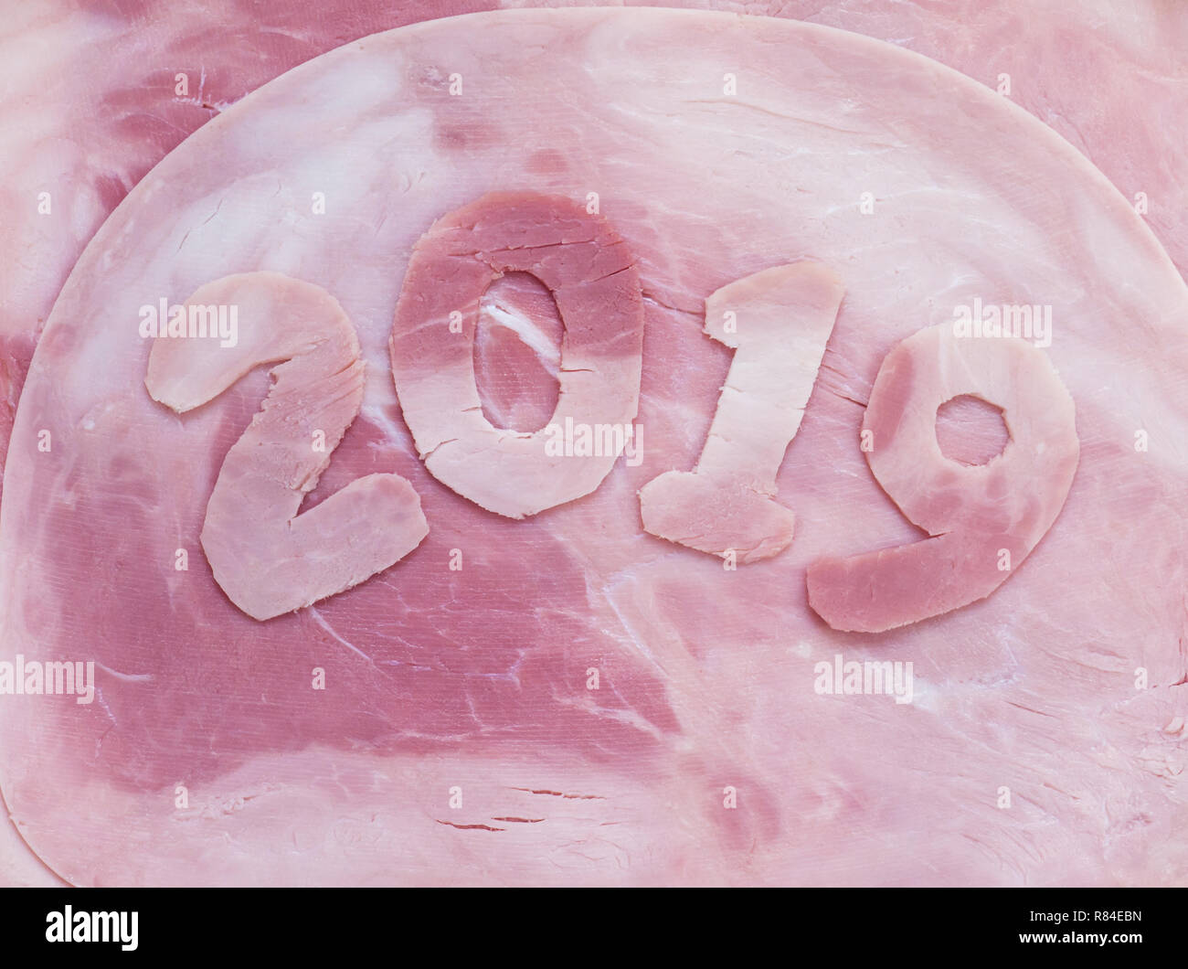 2019 year digits made of the pork ham as a symbol of new year. Animal chinese horoscope. Stock Photo