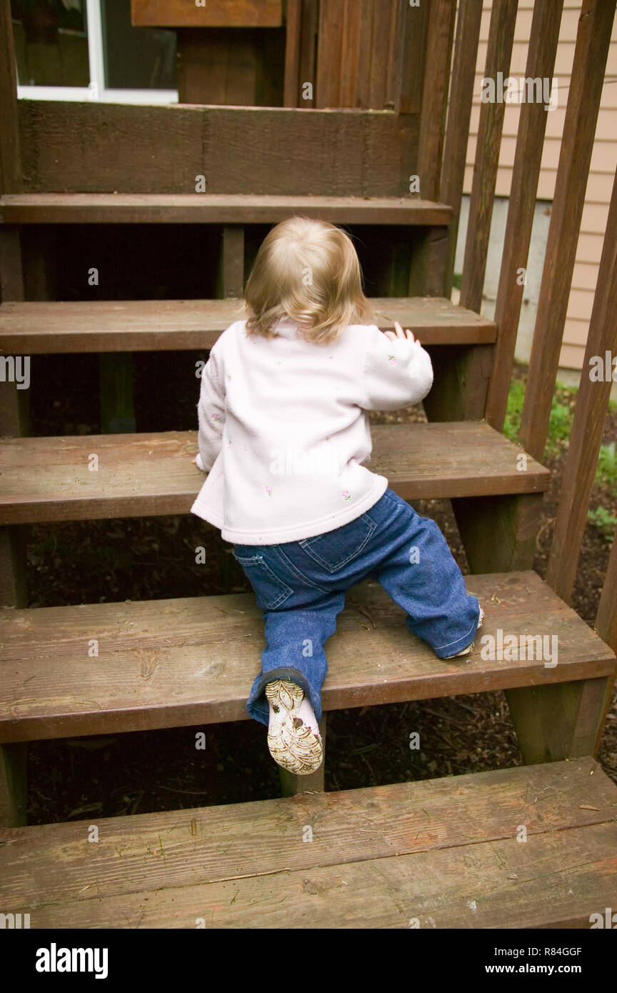 15 month old toddler climbing steps in Issaquah, Washington, USA  (MR) Stock Photo