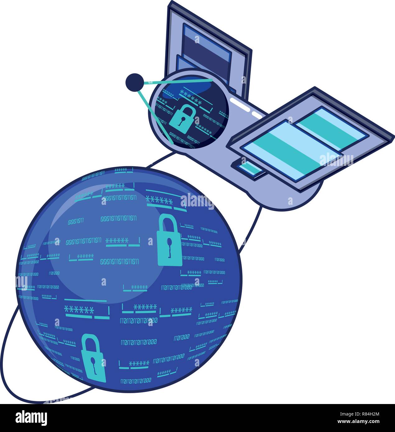 satellite with padlock and planet cyber security vector illustration ...