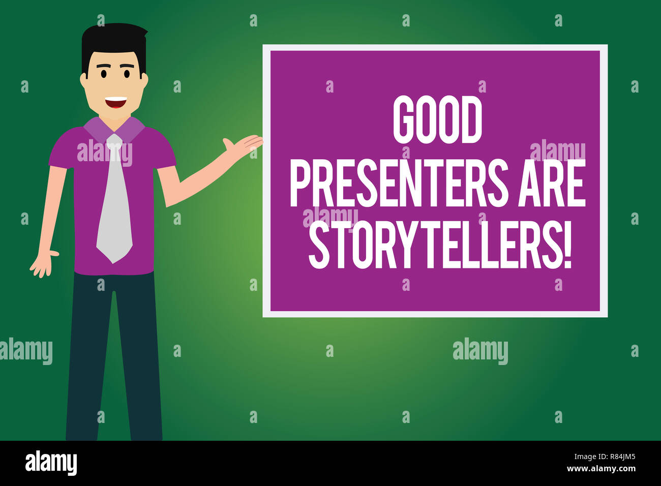 Handwriting text Good Presenters Are Storytellers. Concept meaning Great communicators tell excellent stories Man with Tie Standing Talking Presenting Stock Photo