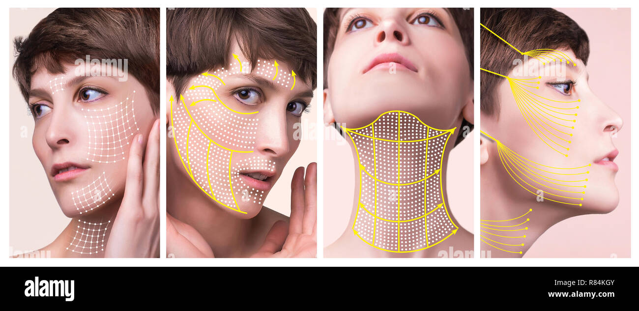 The young female face. Antiaging and thread lifting concept Stock Photo ...