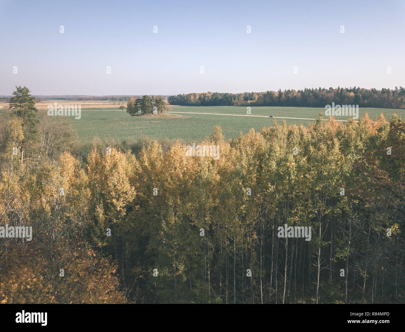 drone image. aerial view of rural area with fields and forests in ...