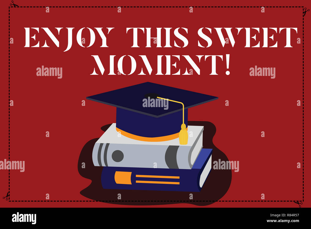 Text sign showing Enjoy This Sweet Moment. Conceptual photo encouraging someone to love his life timeline Color Graduation Hat with Tassel 3D Academic Stock Photo