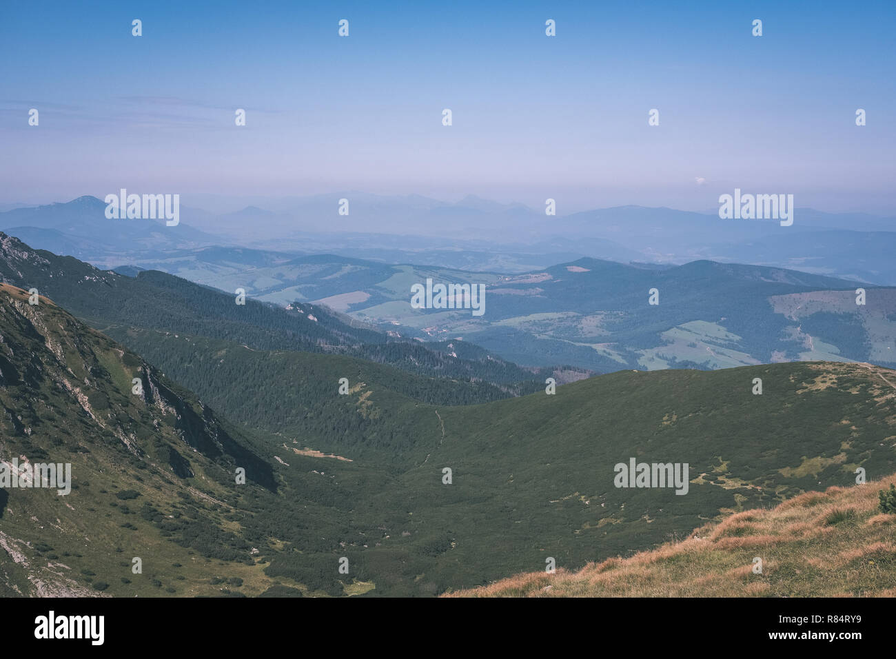 western carpathian mountain tops in autumn covered in mist or clouds ...
