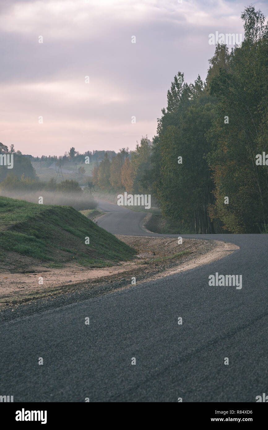 foggy country road in autumn with mist and asphalt. fall colors ...