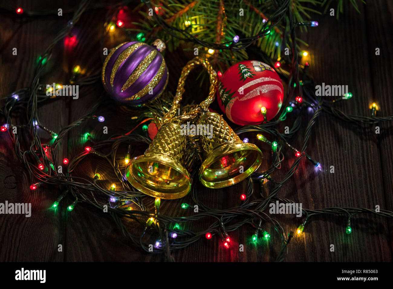 Christmas decoration with fir branches and lights Stock Photo - Alamy