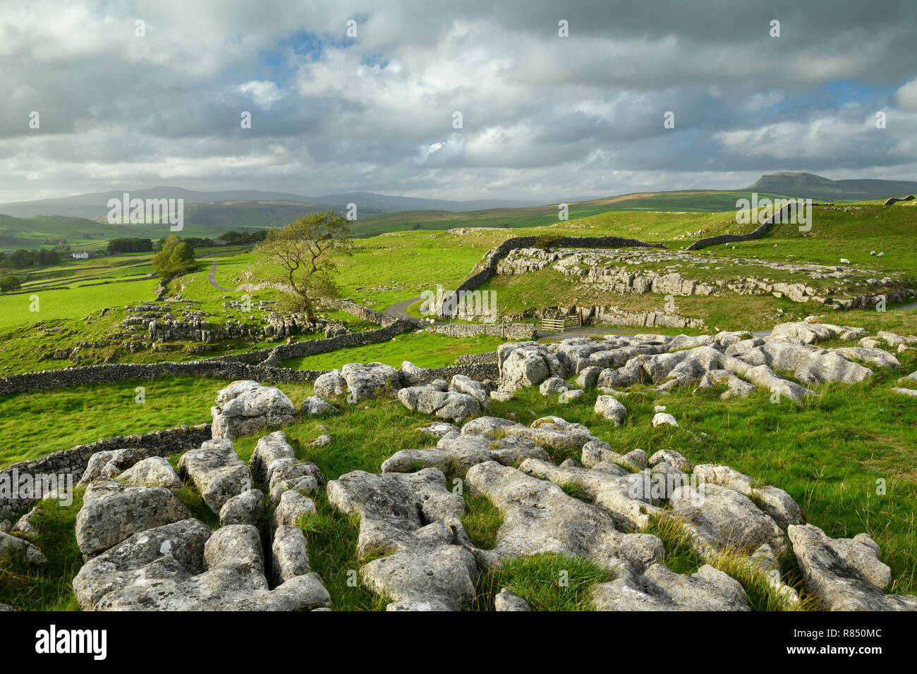 Beautiful view over limestone pavement & rolling upland countryside from Winskill Stones - near Langcliffe & Stainforth, Yorkshire Dales, England, UK. Stock Photo