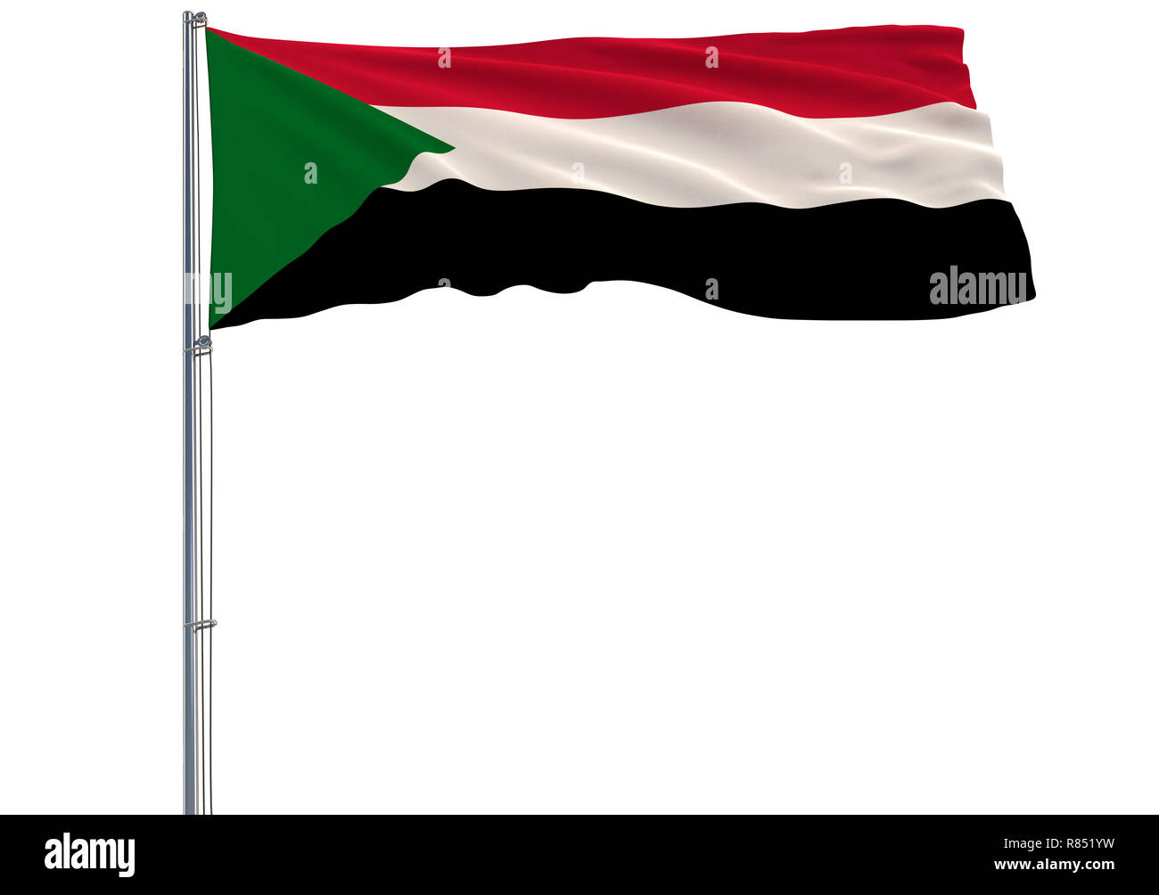 Isolate flag of Sudan on a flagpole fluttering in the wind on a white ...
