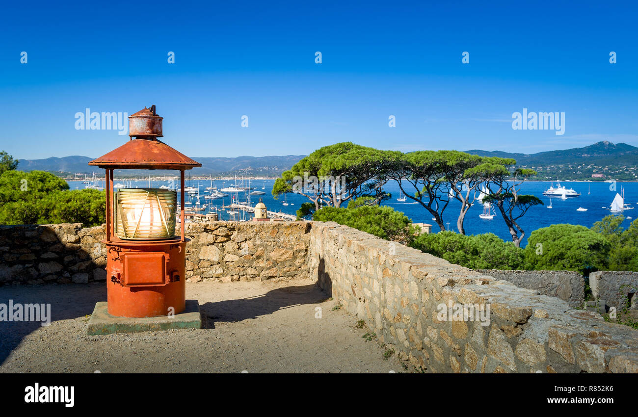 Old lighthouse at Saint-Tropez maritime museum fortress. Provence Cote d'Azur, France. Stock Photo