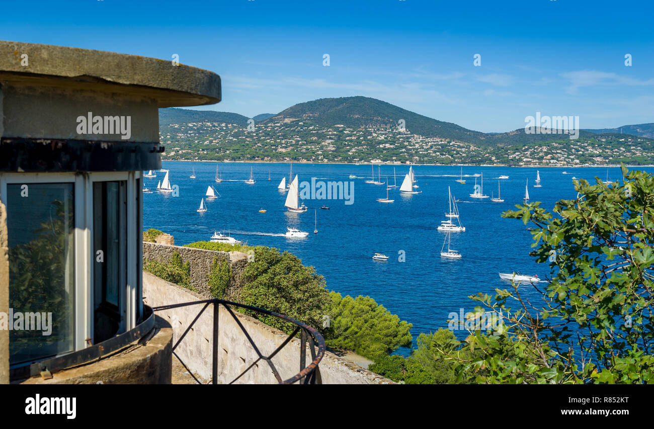 View from town fortress to the bay with yacht anchorage in Saint-Tropez Stock Photo