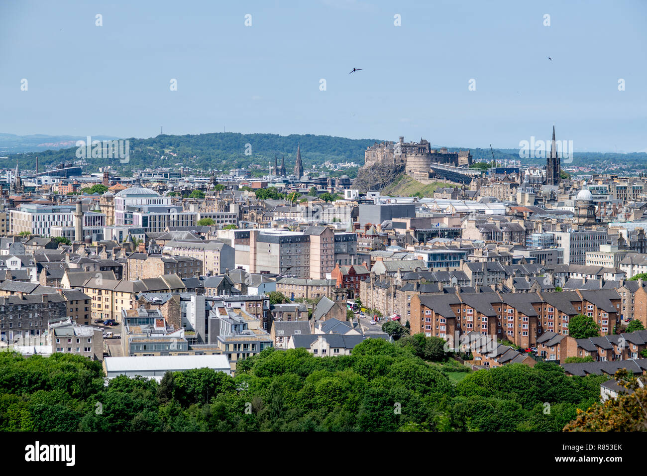 An elevated view of the iconic landmarks, rooftops and the cityscape of Edinburgh, Scotland, UK. Stock Photo