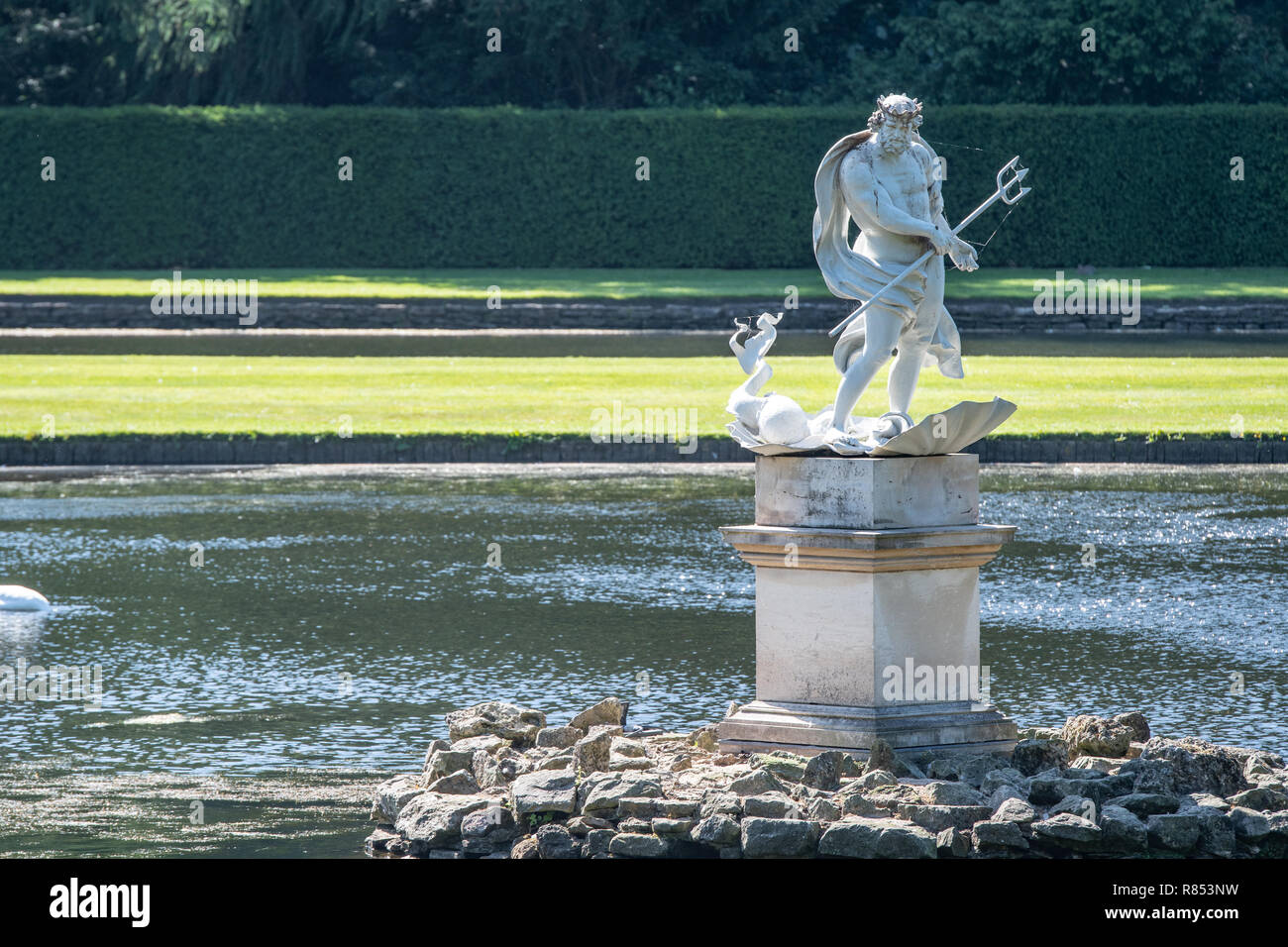 The Studley Royal Park water garden features a number of beautiful neoclassical marble sculptures, Ripon , Yorkshire, UK Stock Photo