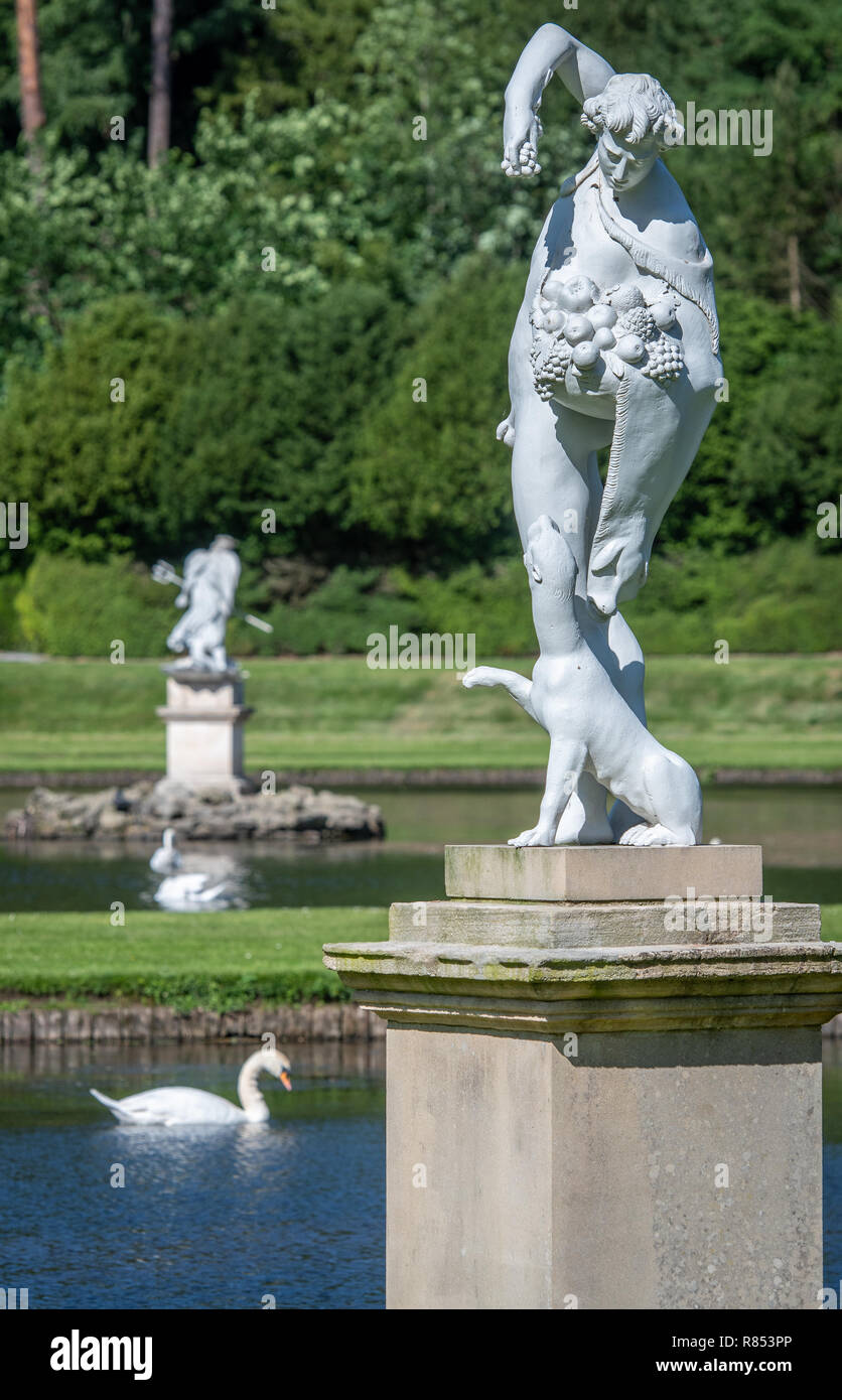 The Studley Royal Park water garden features a number of beautiful neoclassical marble sculptures, Ripon , Yorkshire, UK Stock Photo