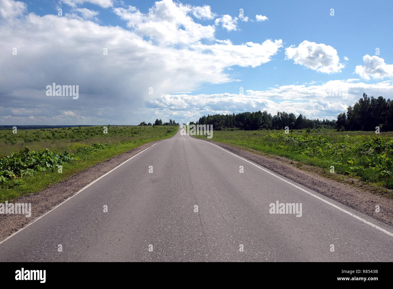 Rustic landscape with empty suburban asphalt road in countryside under cloudy sky on sunny summer day Stock Photo