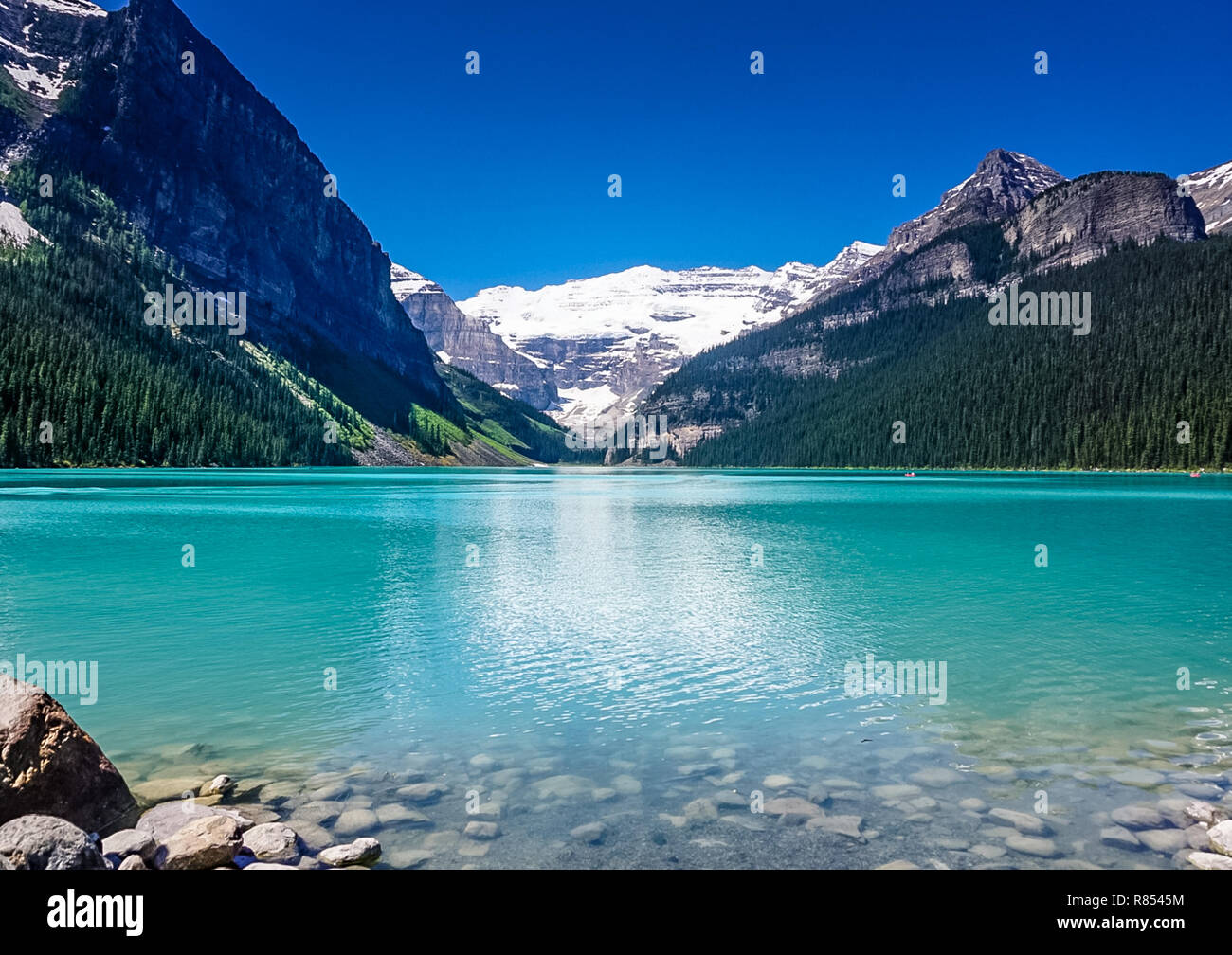 Beautiful views of Lake Louise in Banff National Park in the Rock Mountains of Alberta Canada Stock Photo