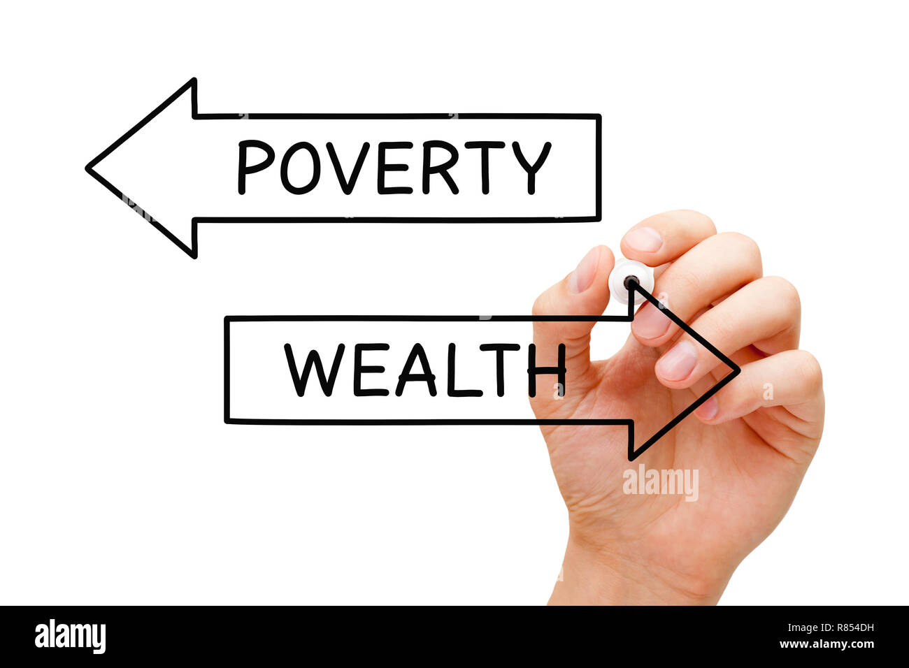 Hand drawing Wealth or Poverty arrows concept with marker on transparent wipe board. Stock Photo