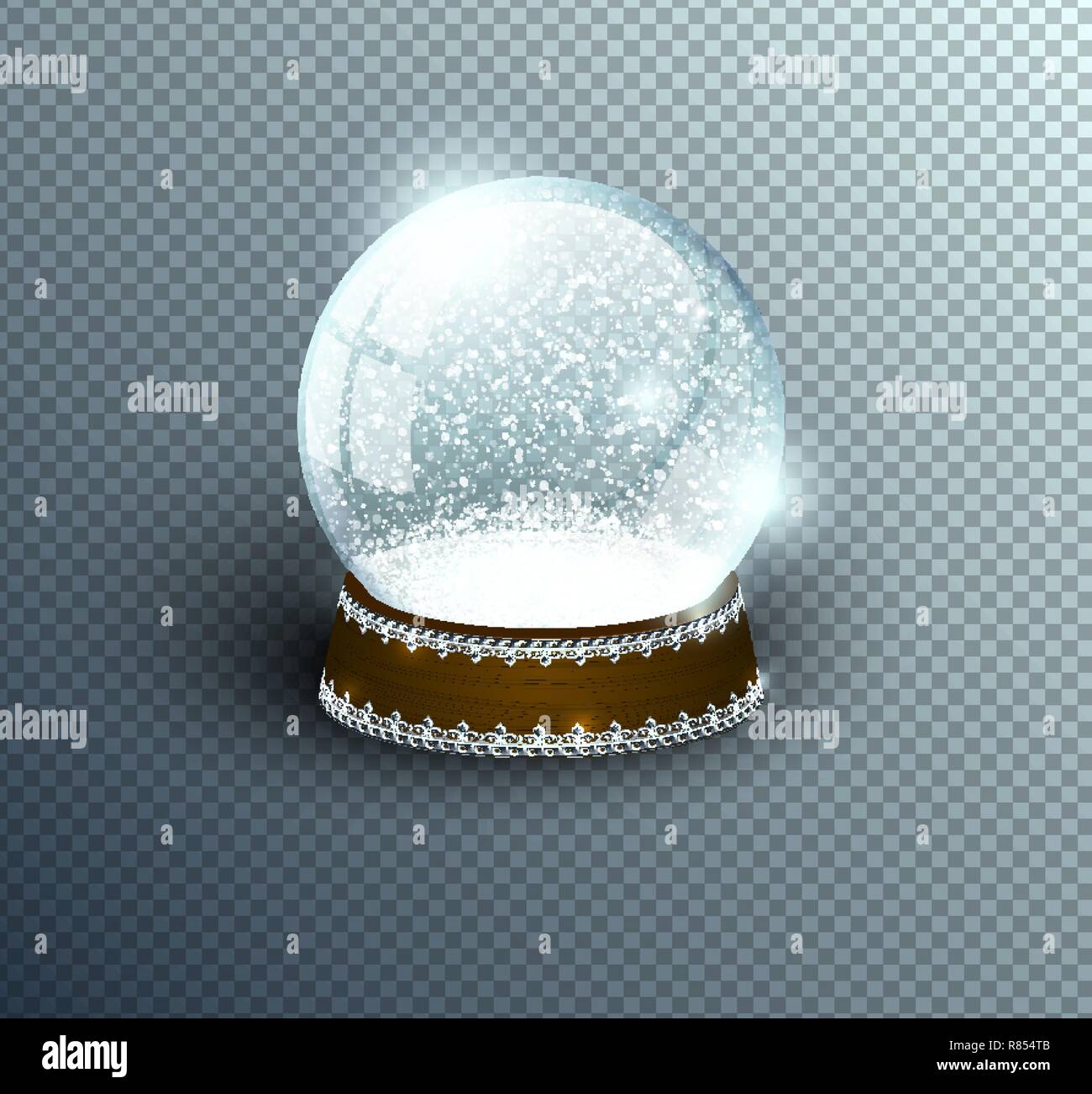 Vector snow globe empty template isolated on transparent background. Christmas magic ball. Glass ball dome, wooden stand with silver crown decor Stock Vector