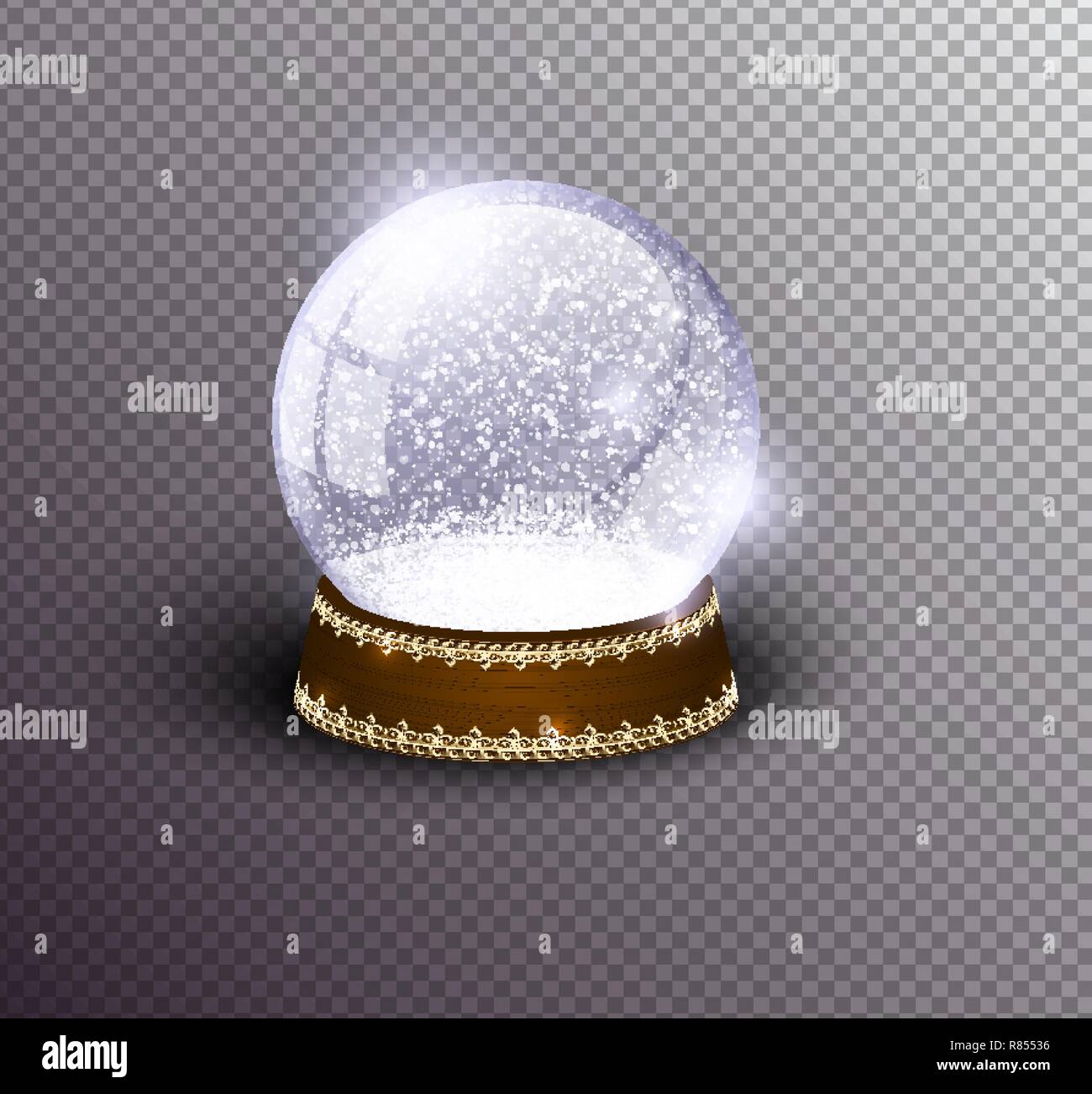 Vector snow globe empty template isolated on transparent background. Christmas magic ball. Glass ball dome, wooden stand with silver crown decor Stock Vector