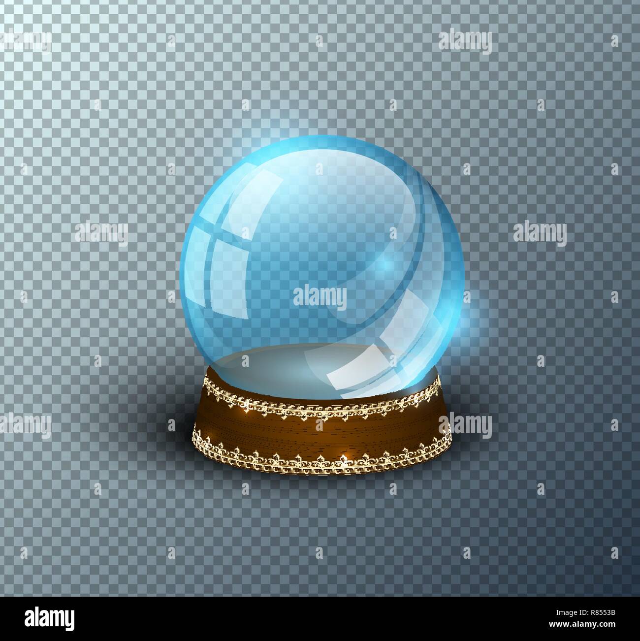 Vector snow globe empty template isolated transparent background. Christmas magic ball. Blue glass ball dome, wooden stand with golden crown decor Stock Vector