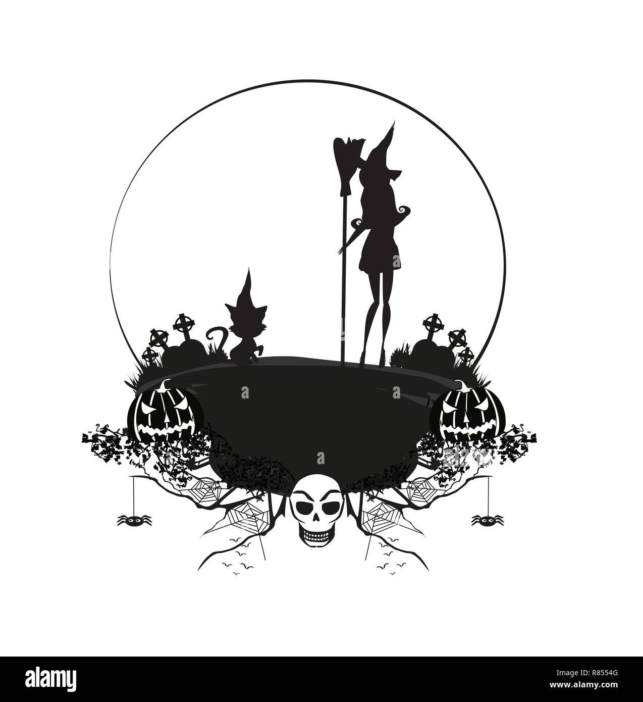 Halloween witch and her cat - black and white frame Stock Vector Image ...