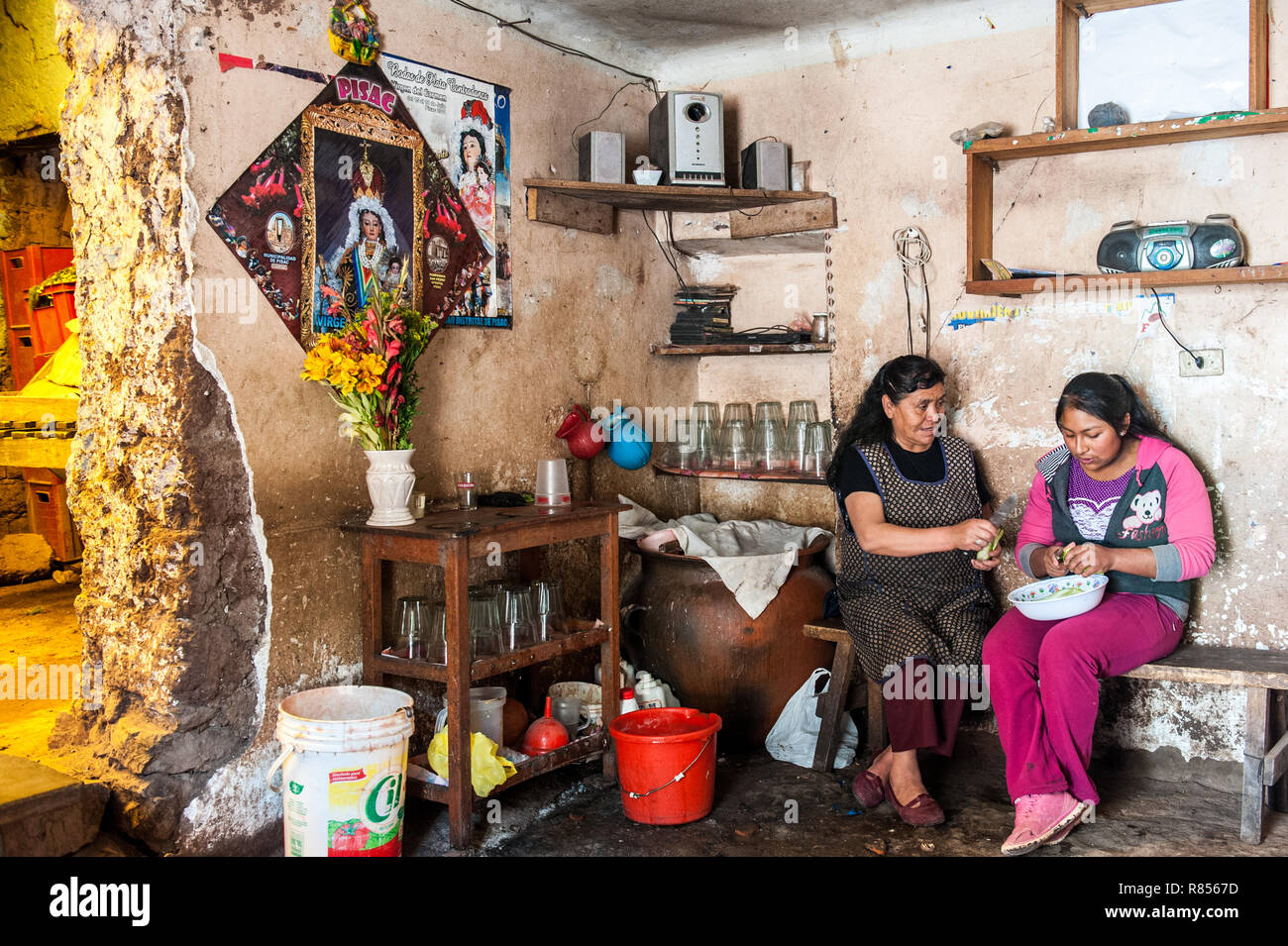 Chicheria is the place in home , in unused room where local people are drinking refreshing chicha- Inca beer is made from a special species of maize. Stock Photo