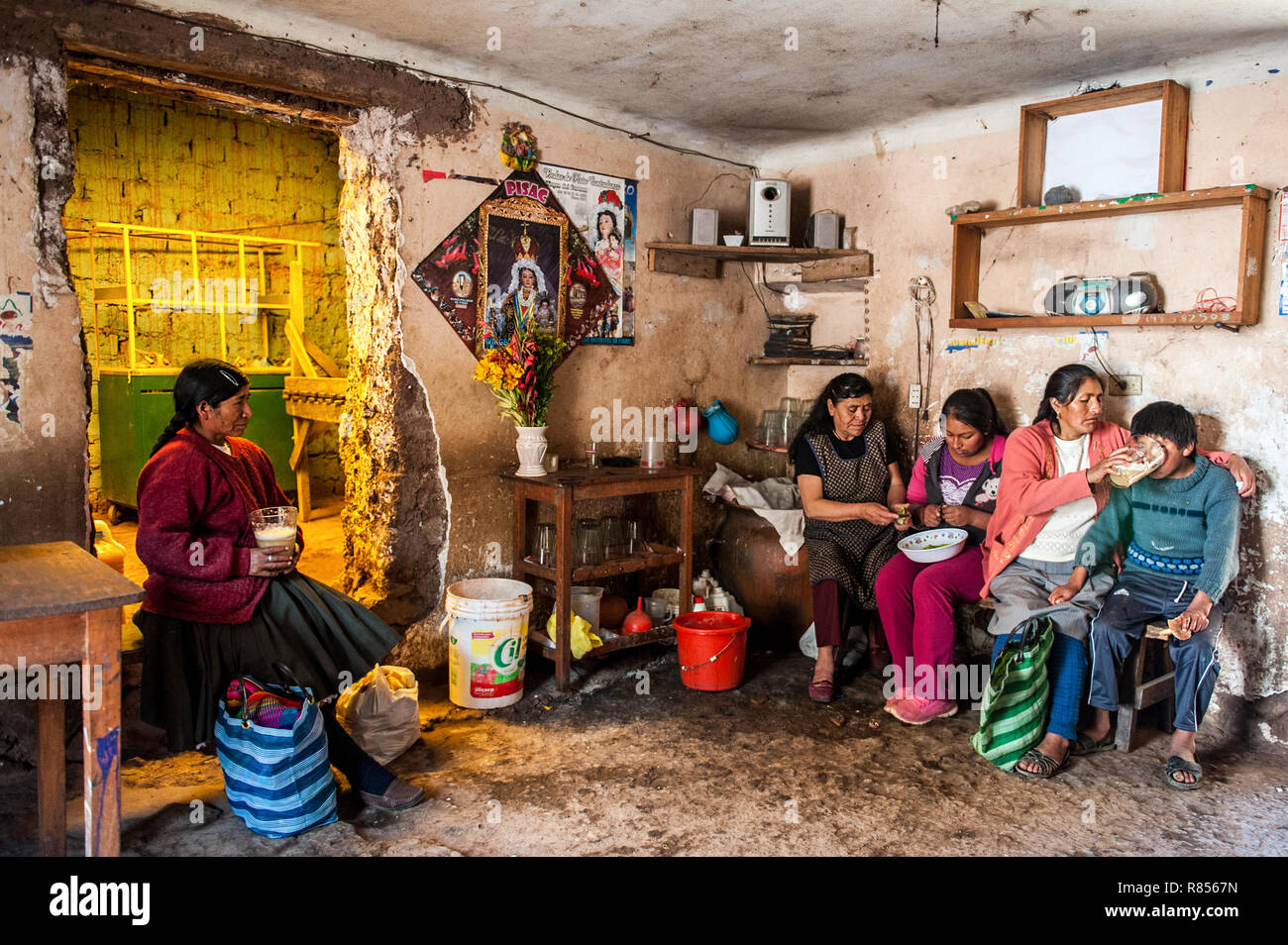 Chicheria is the place in home , in unused room where local people are drinking refreshing chicha- Inca beer is made from a special species of maize. Stock Photo