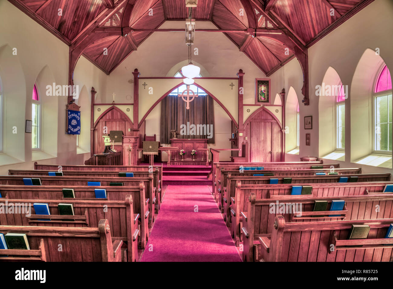Interior sanctuary of the St Mary's and St Albans Anglican church near Kaleida, Manitoba, Canada. Stock Photo