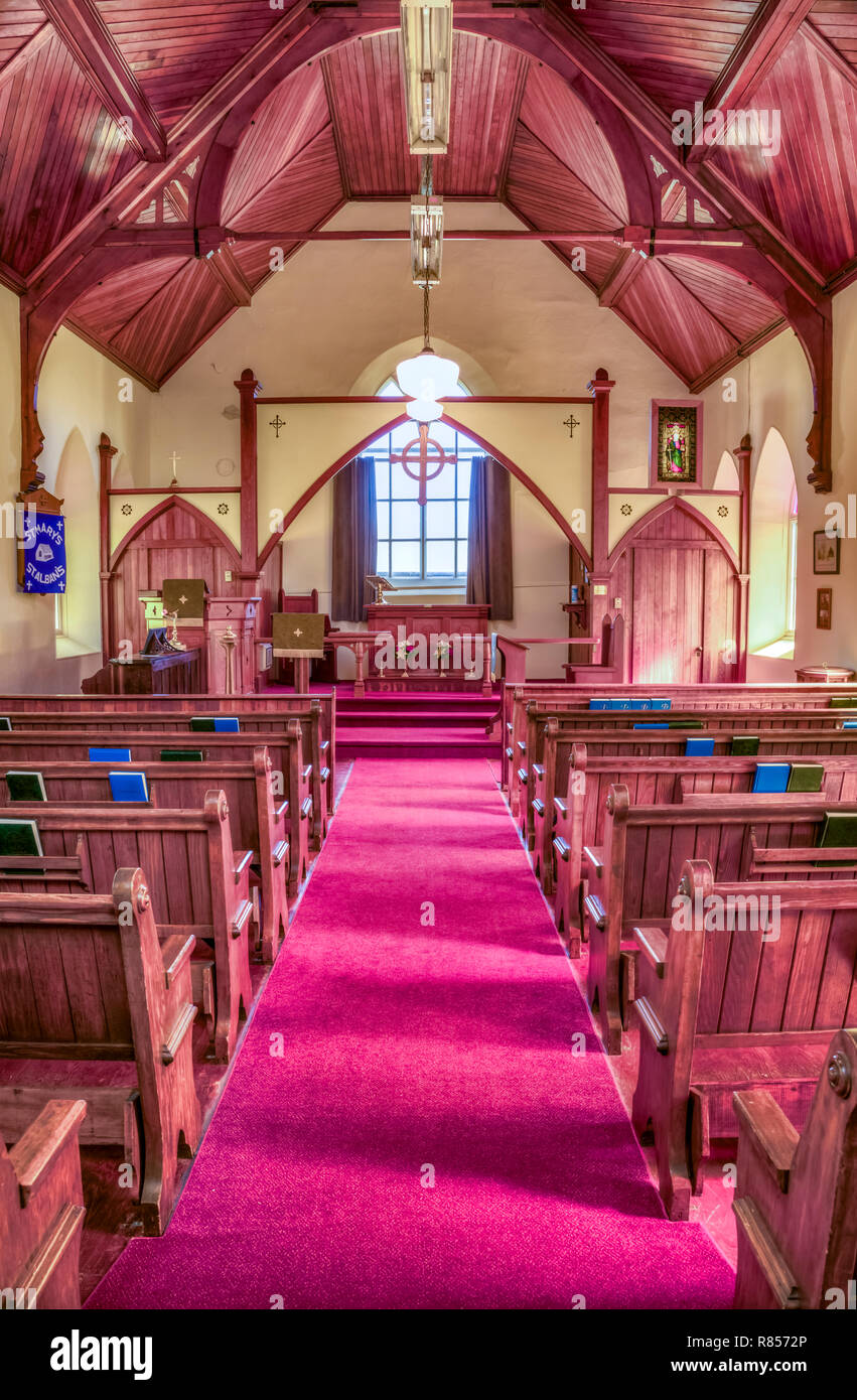 Interior sanctuary of the St Mary's and St Albans Anglican church near Kaleida, Manitoba, Canada. Stock Photo