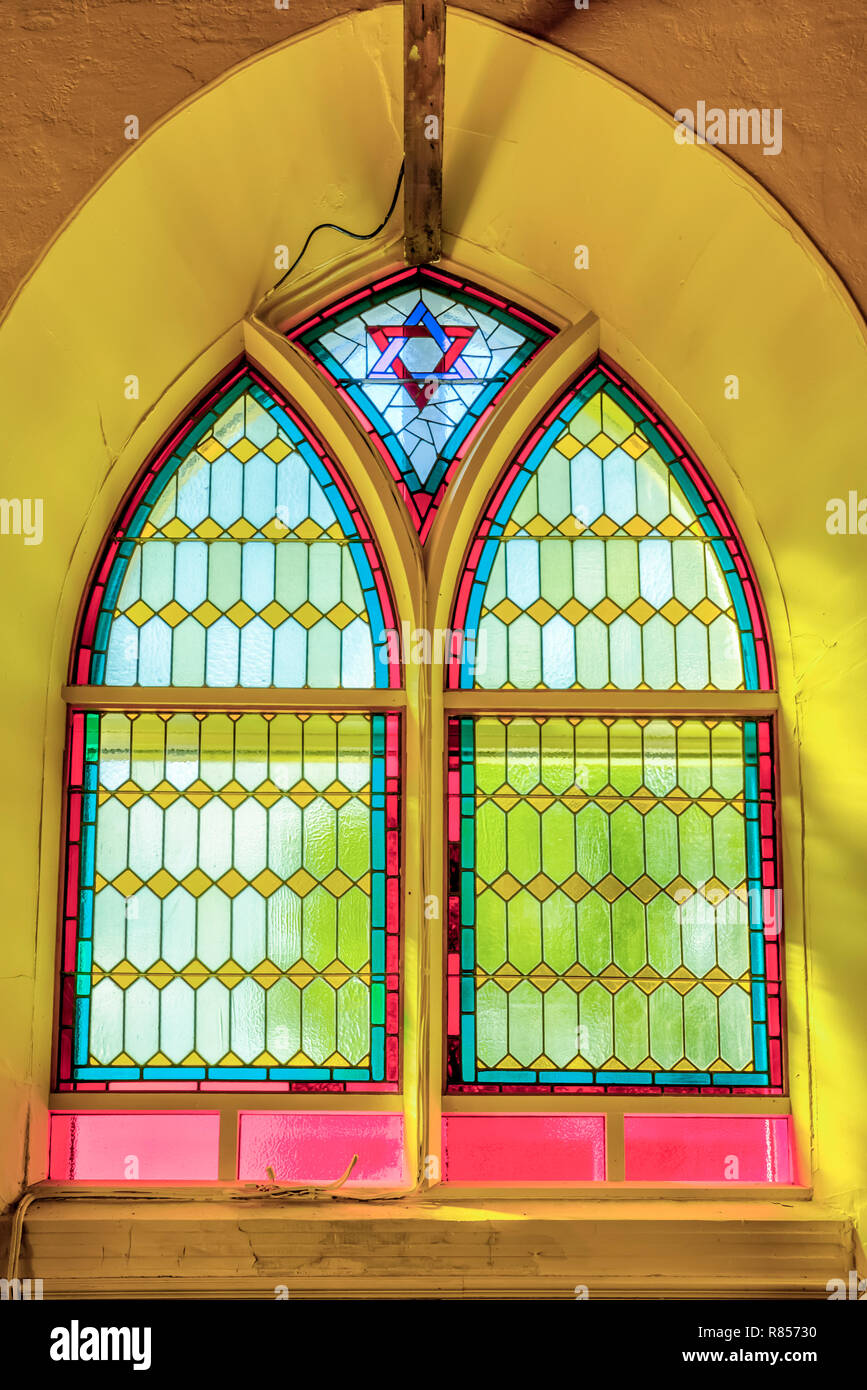 Interior santuary and window of the St Mary's and St Albans Anglican church near Kaleida, Manitoba, Canada. Stock Photo