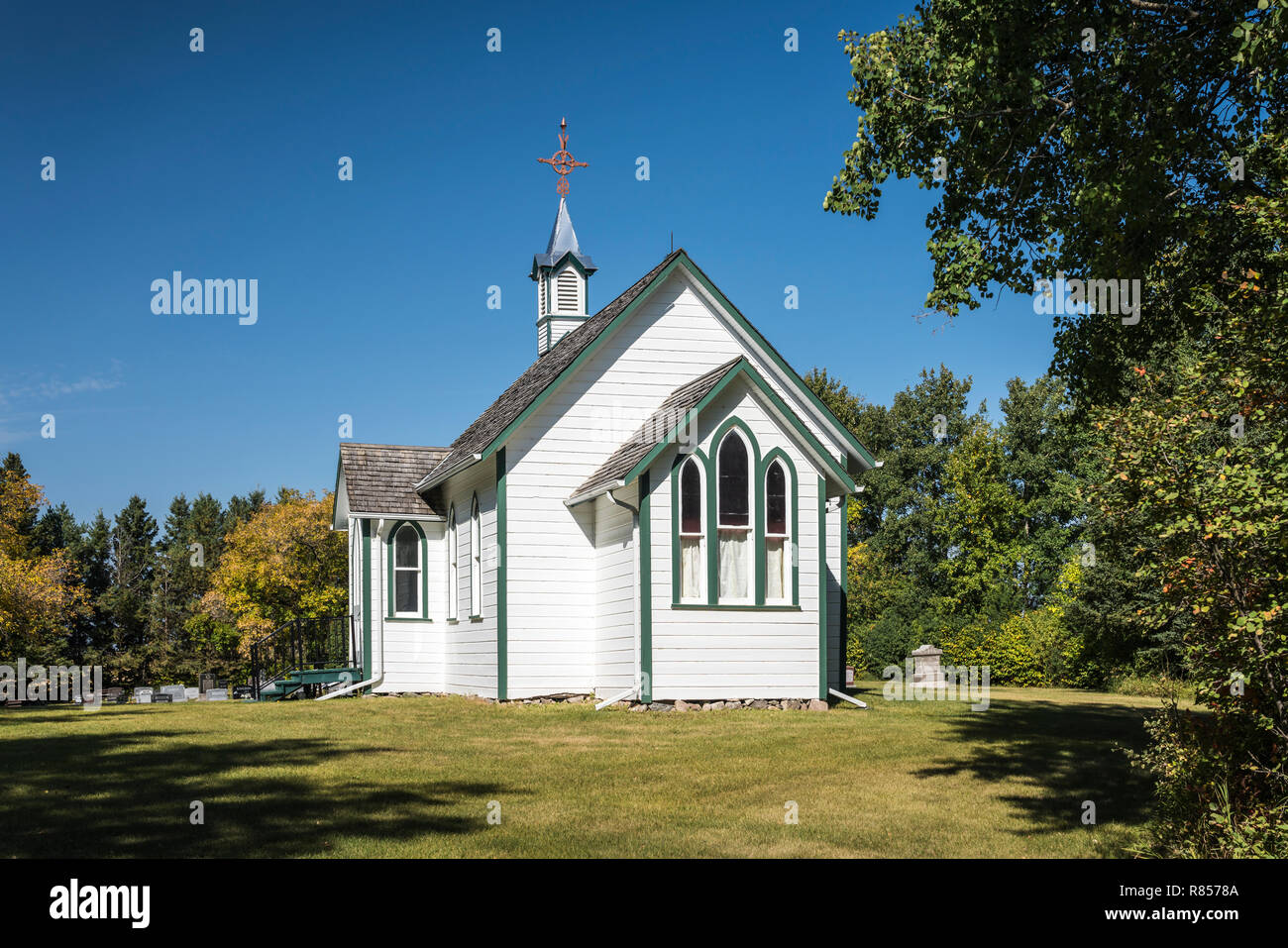 The All Saints Anglican Church exterior near Clanwilliam, Manitoba, Canada. Stock Photo