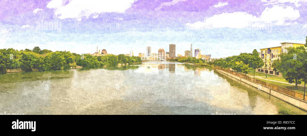 Rochester NY Skyline, Panoramic format, oil paint digital artwork Stock