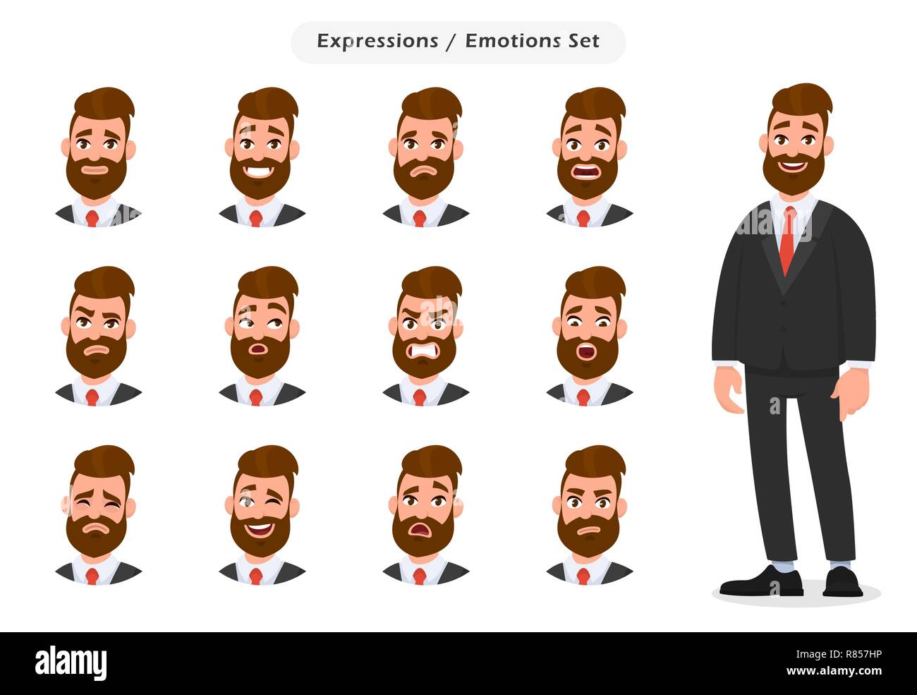 Set of business man's facial different expressions. Business man emoji character with different emotions. Emotions and body language concept Stock Vector