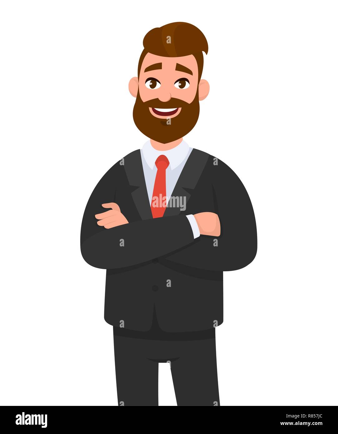 Portrait of smiling confident businessman in black formal wear with arms crossed isolated in white background. Emotion and body language concept in ca Stock Vector